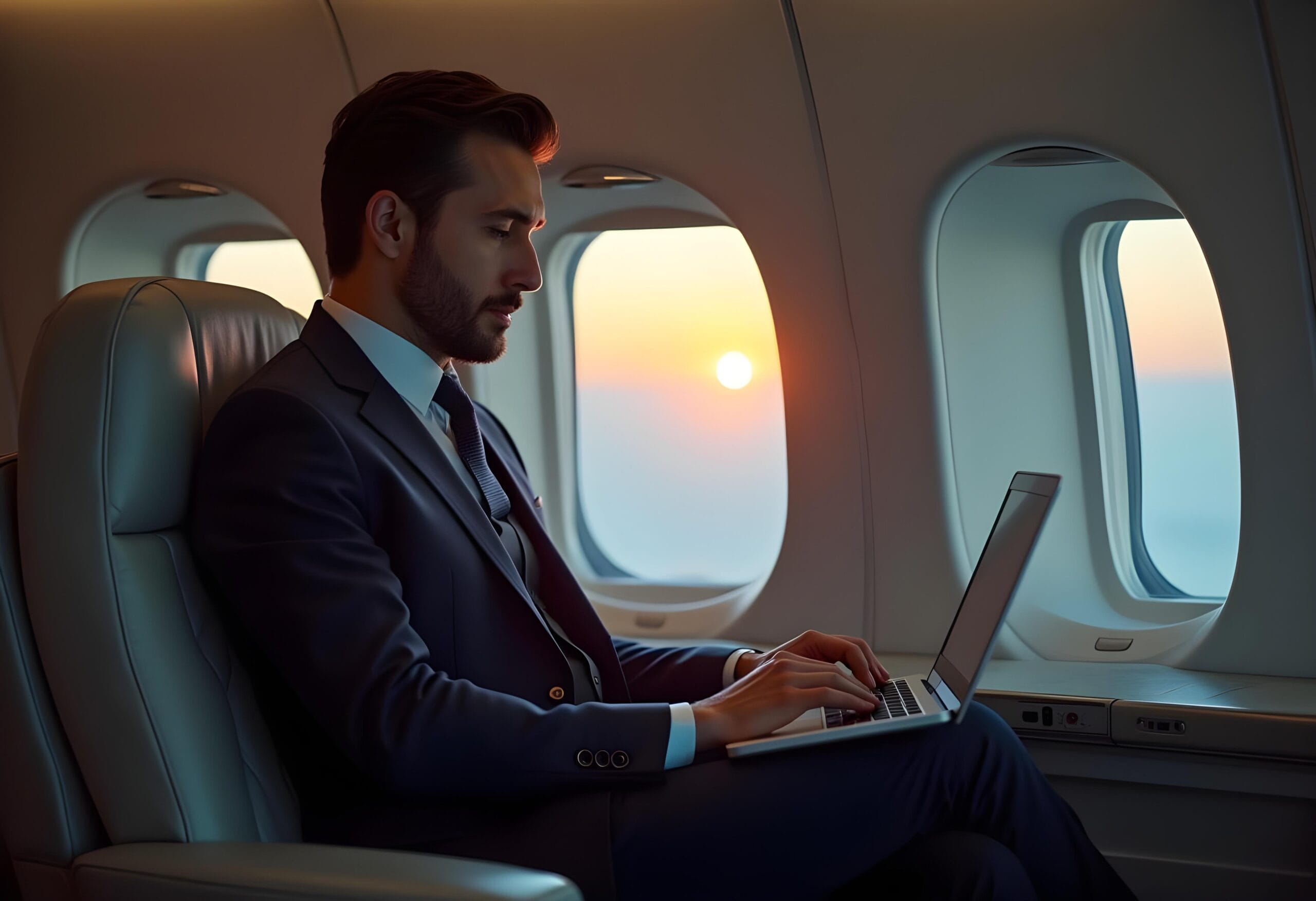 Biznesman pracujący na laptopie w trakcie lotu prywatnym odrzutowcem