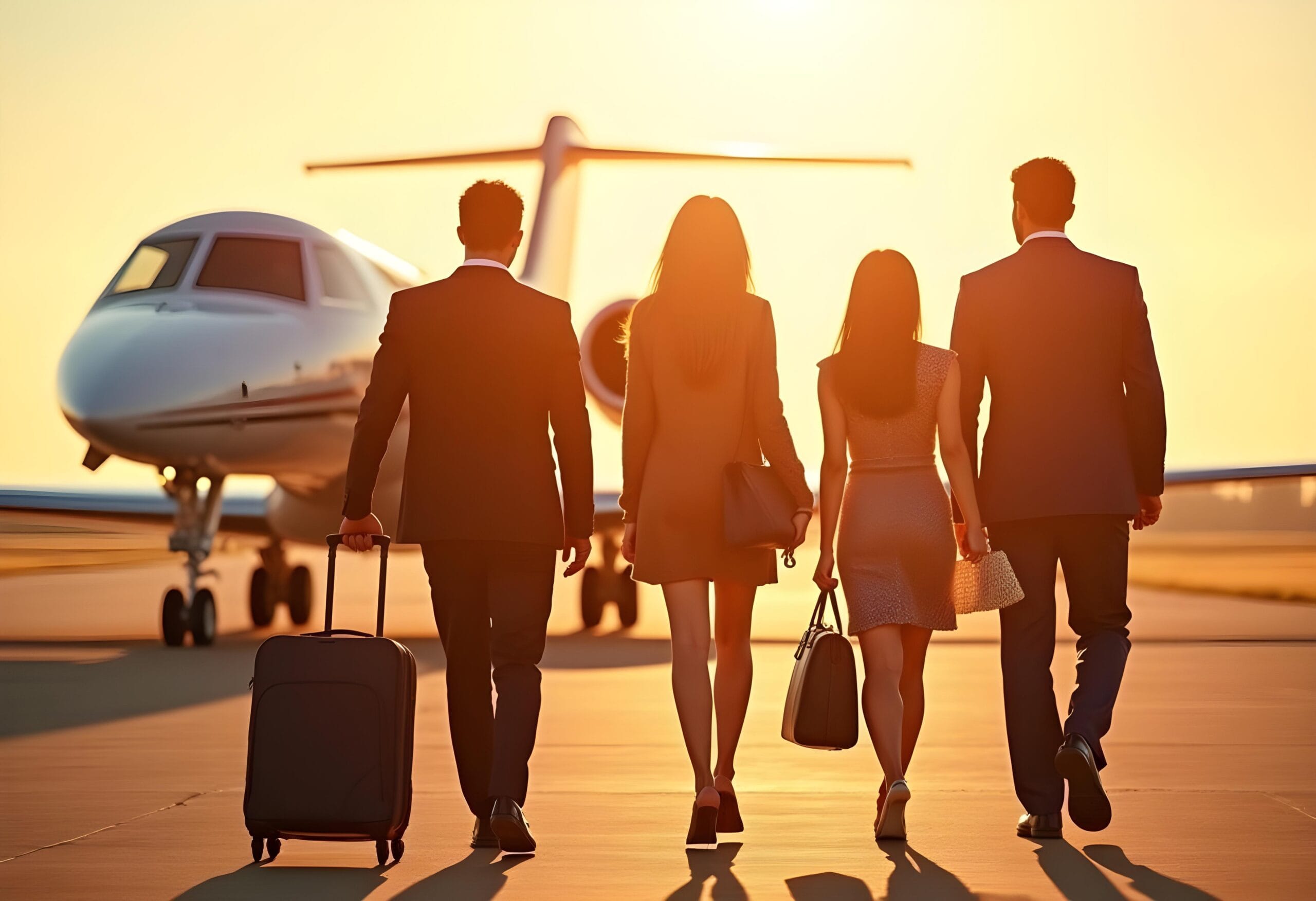 Grupa znajomych idzie z bagażami w stronę prywatnego odrzutowca
